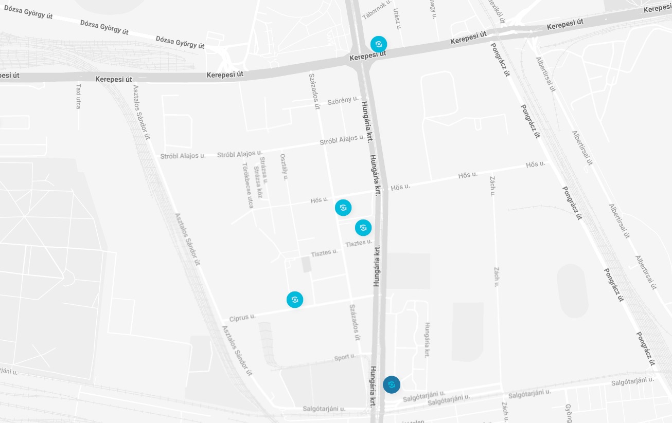 Térképrészlet a lakótelep környékéről, kék jelekkel megjelölt REpont visszaváltóhelyekkel